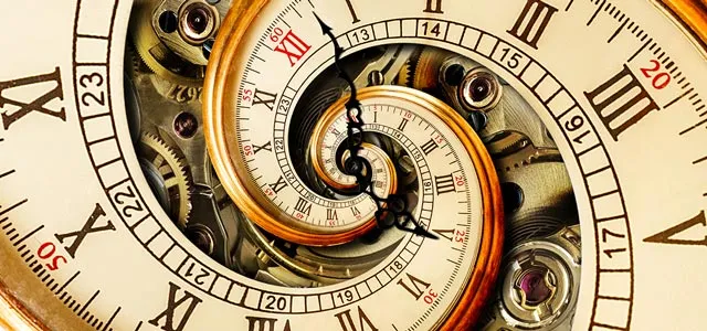 Antique clock spiraling inward, symbolizing time distortion.